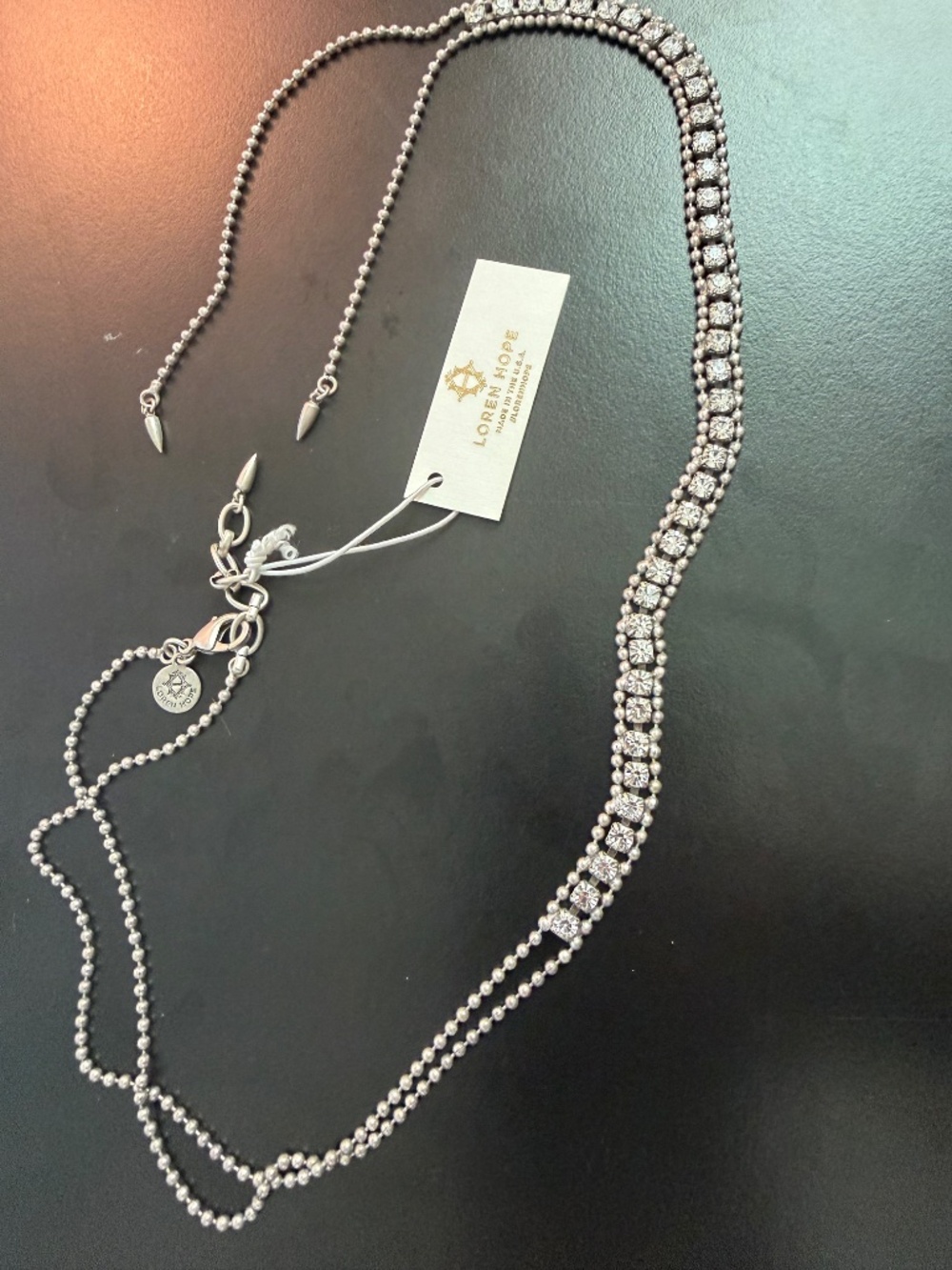 Loren Hope Crystal Rhinestone Y-drop‎ Necklace 18-20" + 15" Drop Silver Tone